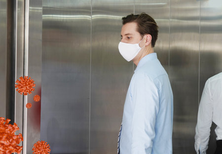 Social distancing in elevators coronavirus outbreak people stay in their zone not face each other. covid 19 protect. 3d virusの写真素材