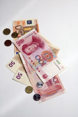 bank notes of Chinese Yuan (RMB) and Euroの写真素材