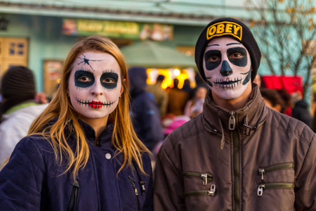 Uzhgorod, Ukraine - October 31, 2016: Participants Funny Halloween celebration in the form of zombies are walking in the city center.のeditorial素材