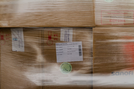 Uzhhorod, Ukraine - March 16, 2017: Boxes with vaccines against measles, entered the Transcarpathian region in the framework of humanitarian aid from Hungary.のeditorial素材