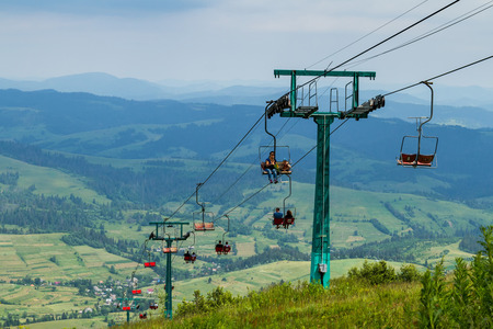 Pylypets, Ukraine - June 25, 2017: Tourists go on a lift leading to the top of Mount Hymba in the Carpathians near the village of Pylypets.のeditorial素材