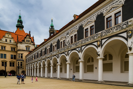 Dresden, Germany - July 26, 2017: Tourists are walking in the Stallhof stables yard in one of the palace complexes of beautiful Dresden.のeditorial素材