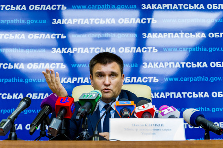 Uzhgorod, Ukraine - December 1, 2017: Minister of Foreign Affairs of Ukraine, Pavel Klimkin, answers questions from journalists during a press conference as part of a working visit to Transcarpathia.のeditorial素材