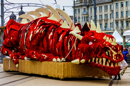 Debrecen, Hungary - August 20, 2017: Giant flower composition in the form of a dragon during the 48th Flower Carnival in Debrecen, Hungary.のeditorial素材