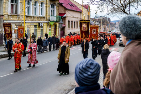 Uzhgorod, Ukraine - March 11, 2018: Procession believers during the cross march marking the...