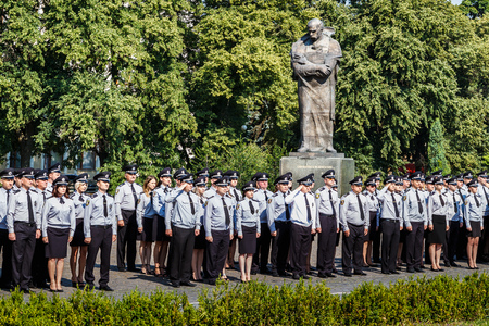 Uzhgorod, Ukraine - July 6, 2018: Construction of the police officers during the celebration of the third anniversary of Ukraine's National Police.のeditorial素材