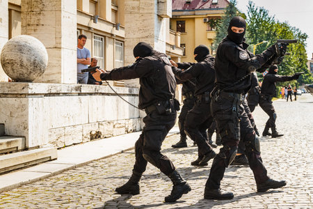 Uzhgorod, Ukraine - July 6, 2018: Members of the special police unit demonstrate their skills during...
