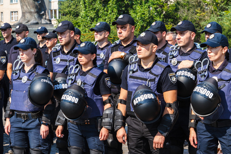 Uzhgorod, Ukraine - July 6, 2018: Construction of the police officers during the celebration of the third anniversary of Ukraine's National Police.のeditorial素材
