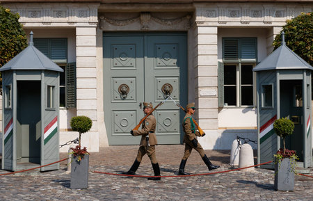 Hungarian guards patrol Alexander Palace (Hungarian Presidential Palace) in Budapest, Hungary,...