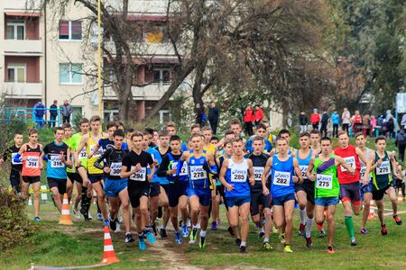 Athletics - Ukrainian Cross Country Championships - Ukraine, Uzhgorod, October 30, 2019: Group of young athletes in action during the Ukrainian Cross Country Championship.のeditorial素材