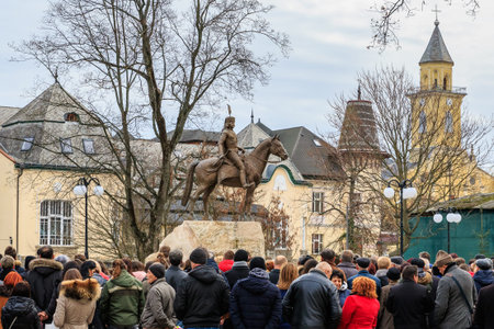 Participants in the opening ceremony of the equestrian monument to Ferenc Rakoczi II in Beregovo,...