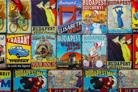 Budapest, Hungary - April 28, 2019: Retro styled fridge magnets about Budapest for sale in a...