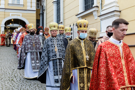 Uzhgorod, Ukraine - July 20, 2020: Priests during the farewell ceremony with Bishop of Mukachevo...