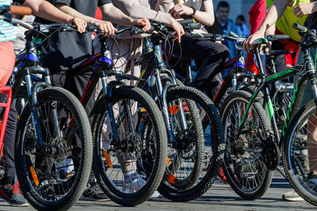 Uzhgorod, Ukraine - May 10, 2021: Cyclists gather in the square before the mass bike ride during the opening of the cycling season.のeditorial素材