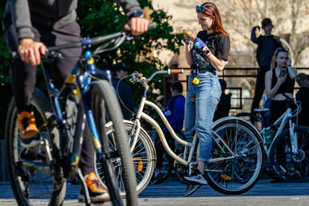 Uzhgorod, Ukraine - May 10, 2021: Cyclists gather in the square before the mass bike ride during the opening of the cycling season.のeditorial素材