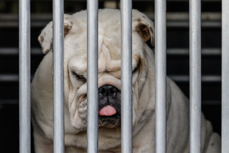 Lonely English Bulldog yearns behind the bars of the cage.の写真素材
