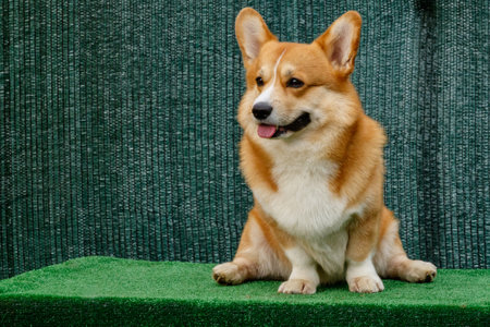 Cute Welsh Corgi sits on a green curbstone.の写真素材