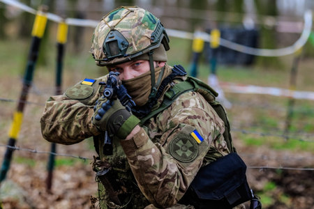 Transcarpathian region, western Ukraine - March 23, 2023: A soldier of the National Guard of Ukraine...
