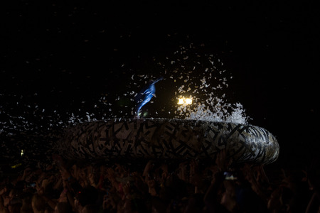 NICKELSDORF-AUSTRIA, NOVA ROCK FESTIVAL 2015.06.12-14: Members of the Hip-Hop group DEICHKIND live in concert on stage and stagediving at the NOVAROCK FESTIVAL JUNI 14, 2015 in Nickelsdorf-Austriaのeditorial素材