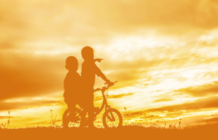 Silhouette life and activity on the beach at dusk.の写真素材