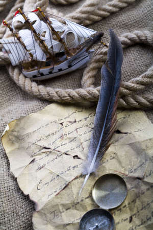 Old-fashioned compass on map の写真素材