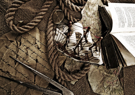 Old-fashioned ship on map の写真素材