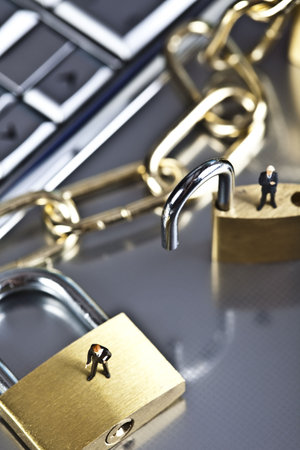 Business man on secure pedlock