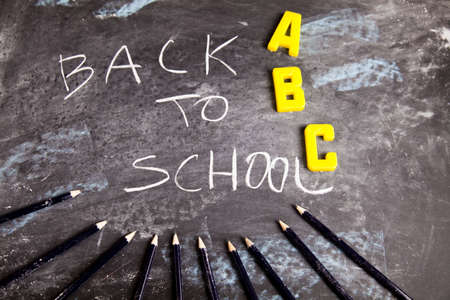 Back to school - inscription on blackboard の写真素材
