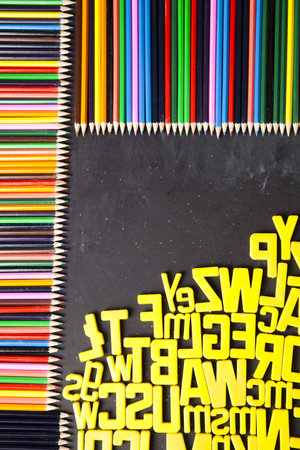 Blackboard, wooden pencils and back to schoolの写真素材