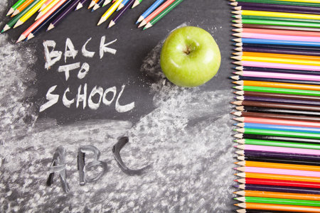 Apple on a chalkboard - healthy breakfast at schoolの写真素材