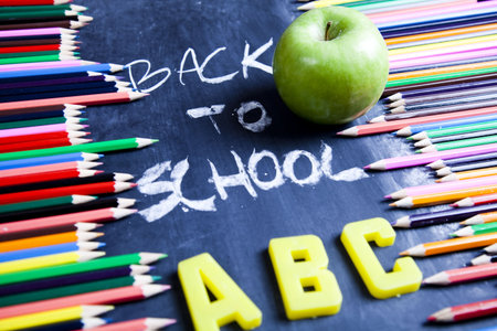 Apple, Colour pencils, Blackboard  