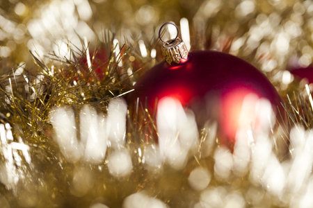 Red satin Christmas baubleの写真素材