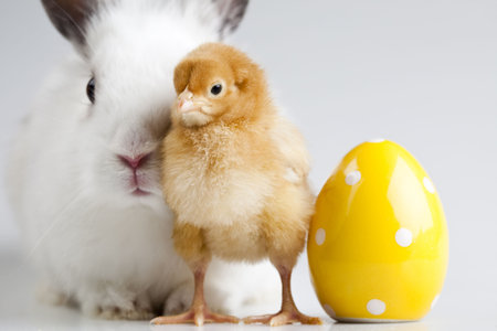 Happy Easter. Chickens in bunnyの写真素材