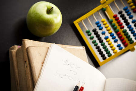 Apple on a chalkboard - healthy breakfast at school の写真素材