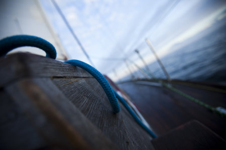 Rope on sailing boat in the sea の写真素材