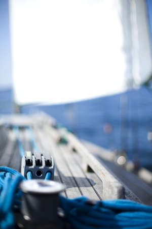 Winch with rope on sailing boat in the sea の写真素材