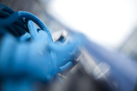 Ropes on wooden and Yacht の写真素材