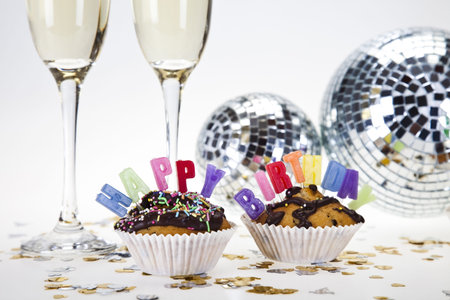 Cupcakes spelling out happy birthday の写真素材
