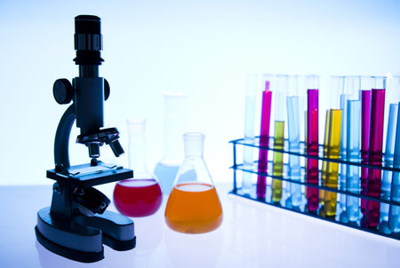 Laboratory flasks containing liquid color