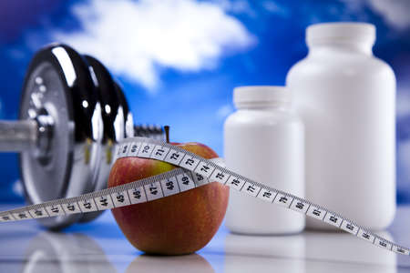 Fitness supplement and blue skyの写真素材