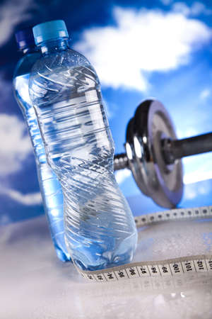 Bottle water and Fitness, and blue skyの写真素材