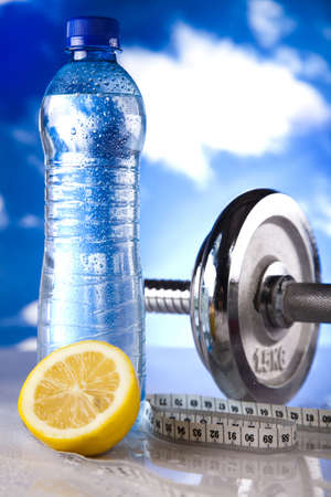 Bottle water and Fitness, and blue skyの写真素材