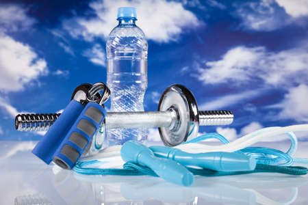 Bottle water and Fitness, and blue skyの写真素材
