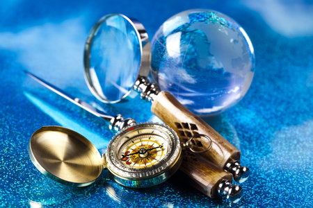 Magnifying glass, Compass and globe
