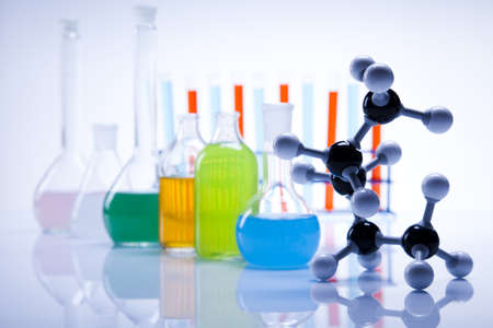 Assorted laboratory glassware , experimentの写真素材