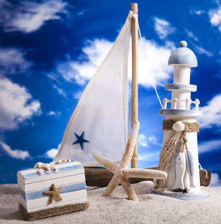 Summer Beach, Sailboat, Lighthouse conceptの写真素材