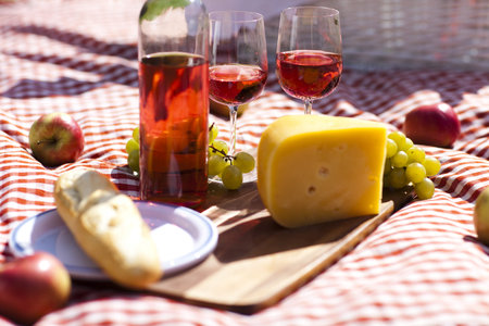  Wine and picnic basket on the grass 