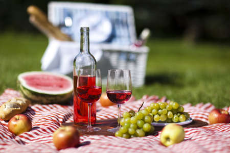  Wine and picnic basket on the grass の写真素材