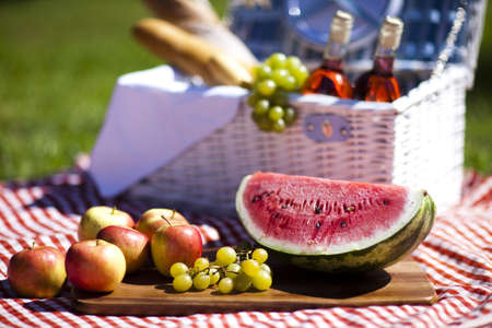  Picnic basket with fruit bread and wineの写真素材