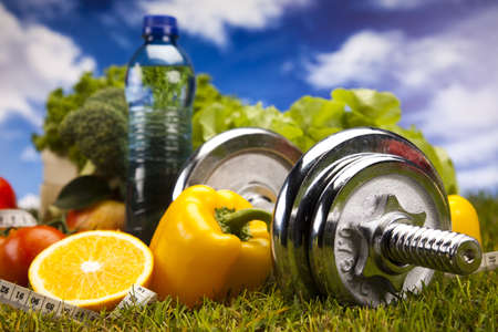  Fitness Food and green grass with blue skyの写真素材